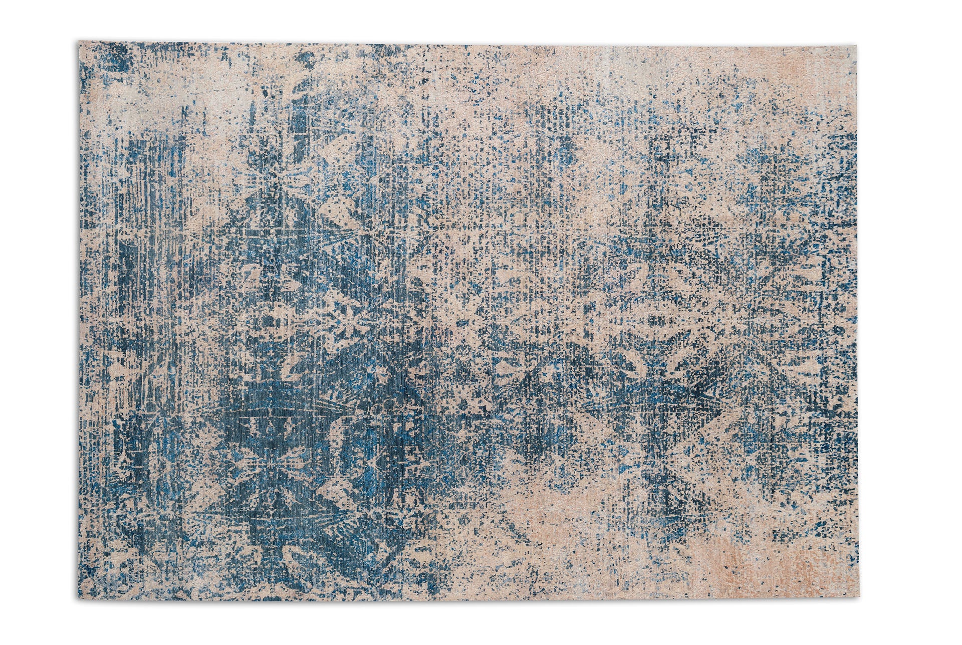 midcentury modern rug with intricate patterns in dark blur and light gold colors