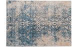 midcentury modern rug with intricate patterns in dark blur and light gold colors