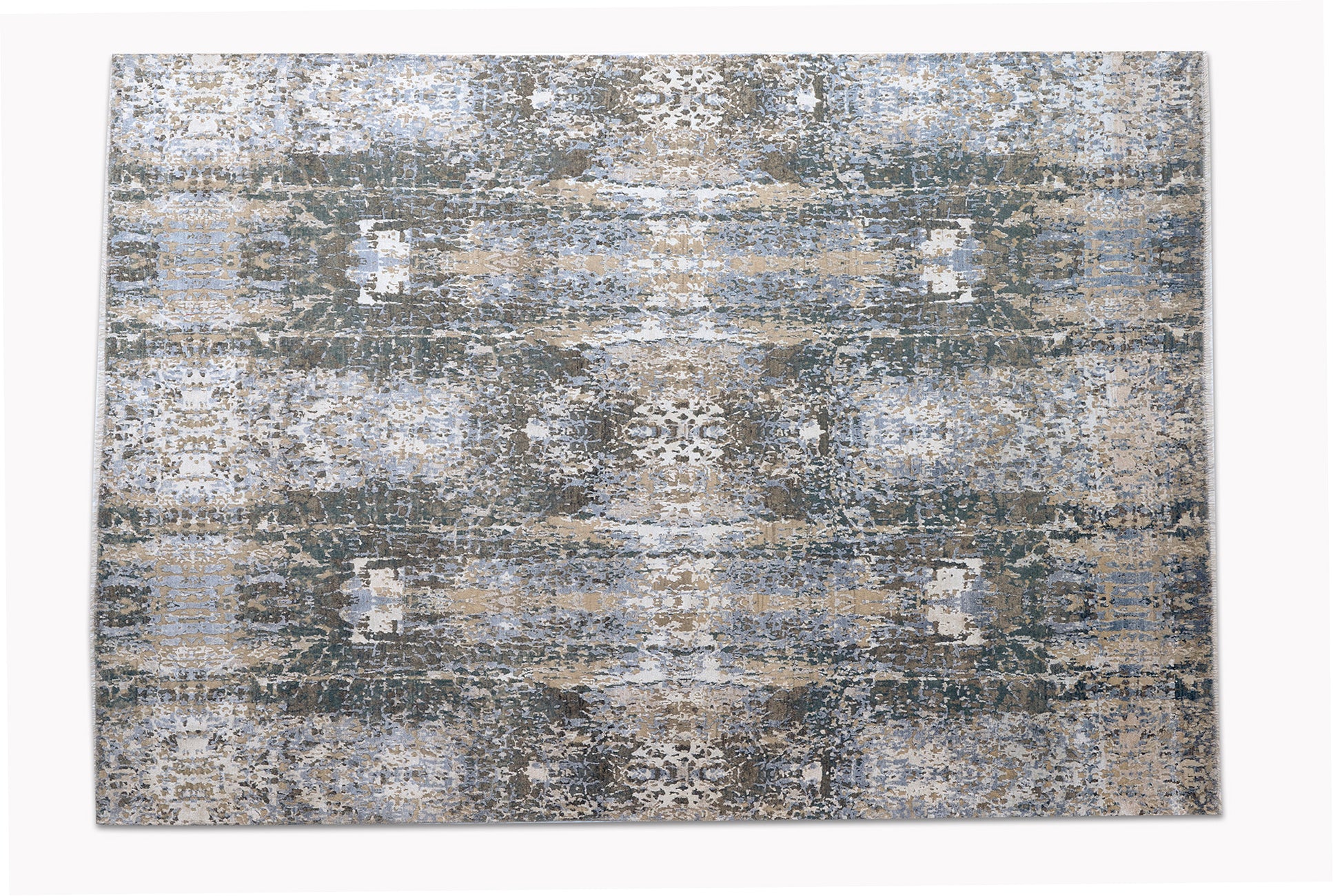 rug with intricate pattern in blue, grey and brown shades - full size view