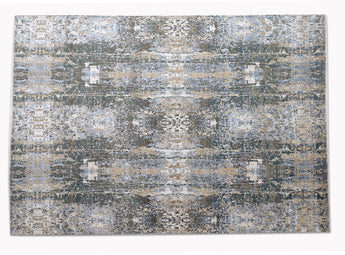 rug with intricate pattern in blue, grey and brown shades - full size view