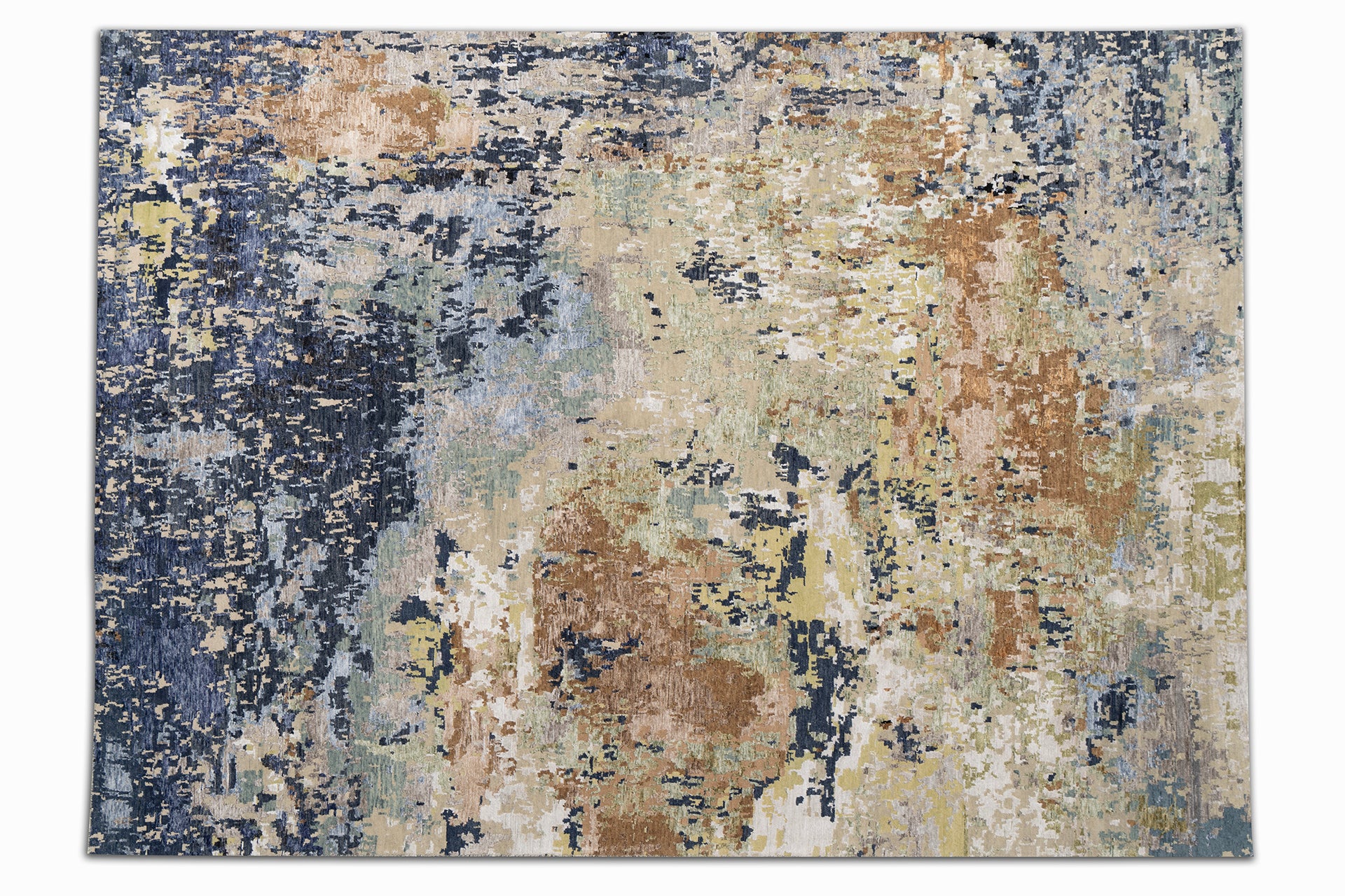 Modern Area rug with intricate patterns in multiple colors including blue, gold, rust and yellow