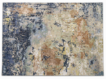 Modern Area rug with intricate patterns in multiple colors including blue, gold, rust and yellow