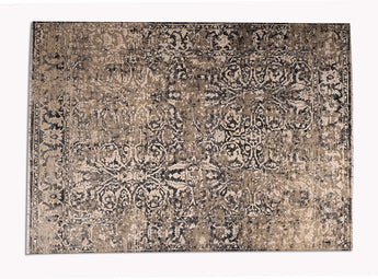 midcentury modern area rug with intricate patterns in neutral colors