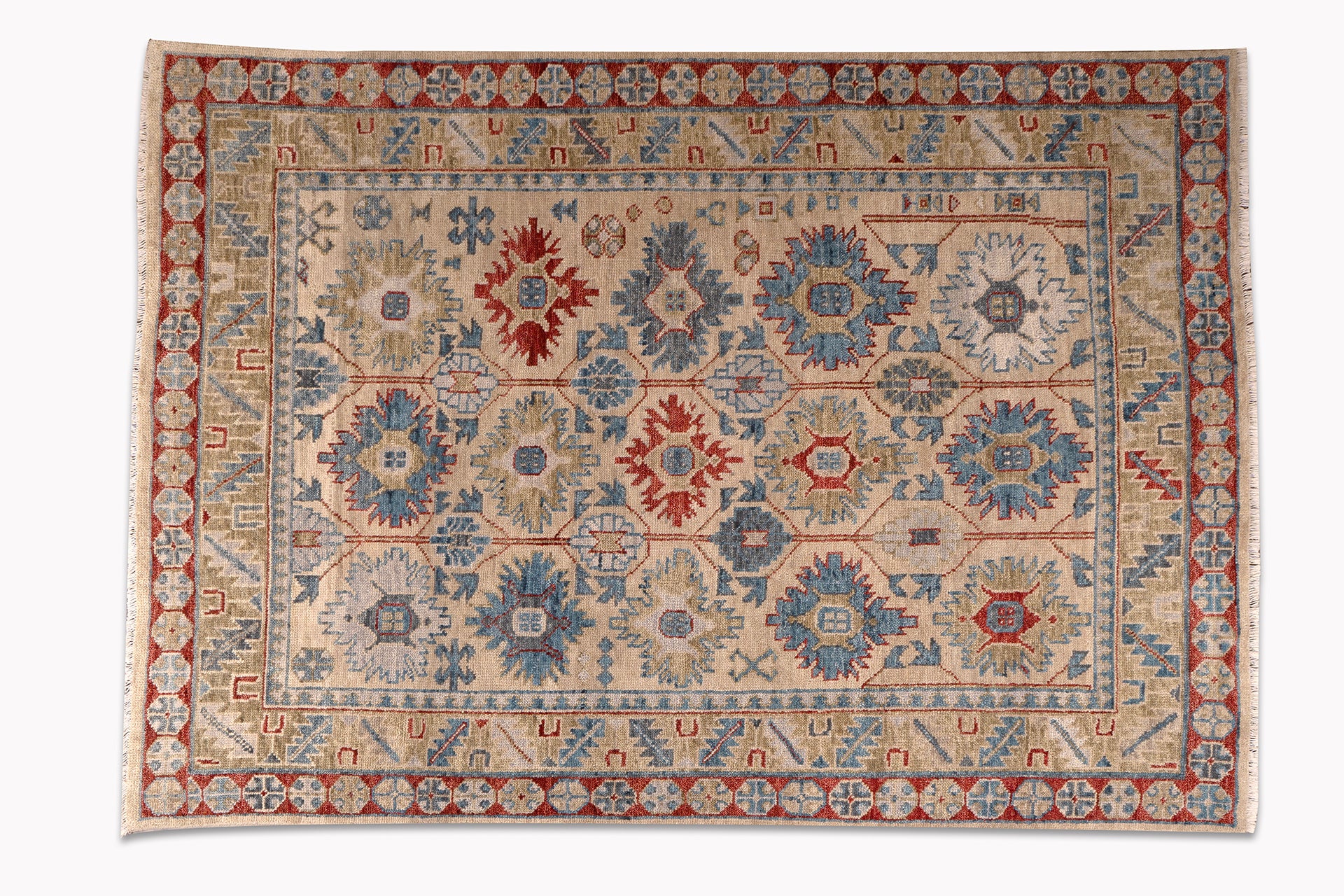 traditional area rug with patterns in blue, red and brown colors - full size view