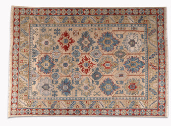 traditional area rug with patterns in blue, red and brown colors - full size view