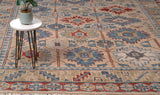 traditional area rug with blue, red and brown patterns