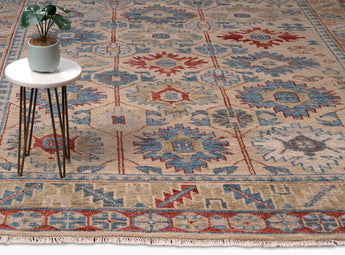 traditional area rug with blue, red and brown patterns