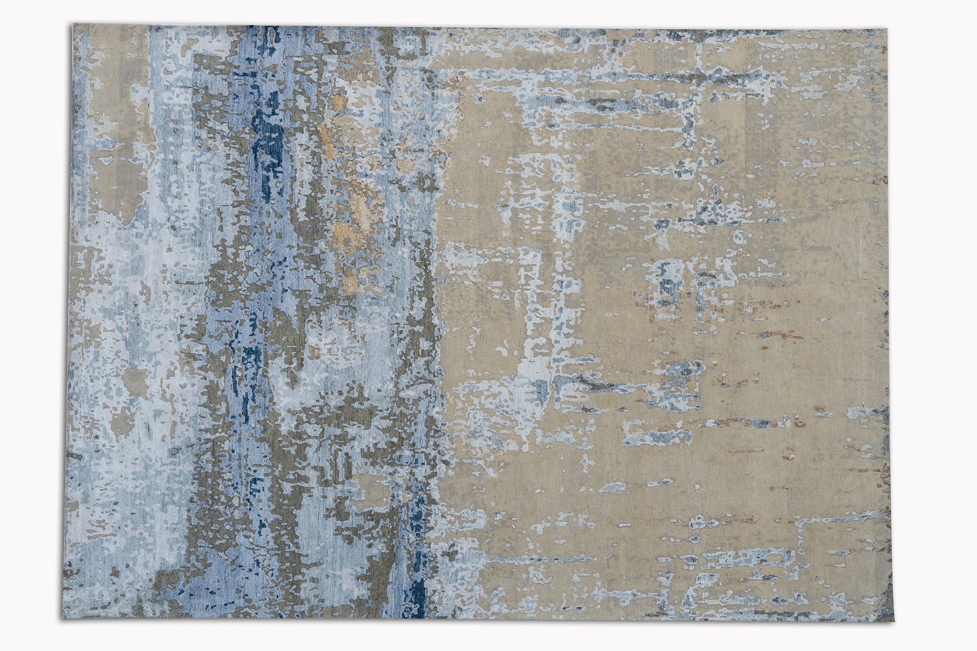 modern area rug with weave patterns in blue, white and beige colors