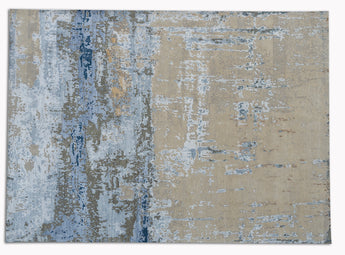 modern area rug with weave patterns in blue, white and beige colors