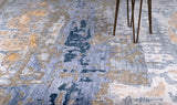 modern area rug with weave patterns in blue, white and beige colors